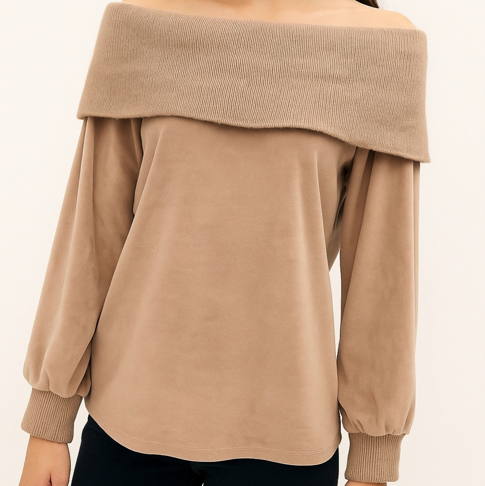 G By Giuliana Black Label Off Shoulder Top Velour Fold Over Neckline Dusty Pink